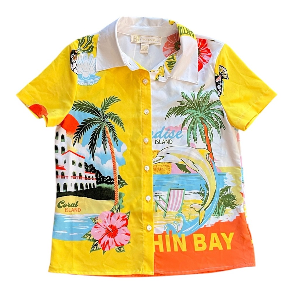 Rich & Famous Women’s Colorful Tropical Print Vacation Button-Up Shirt Size S